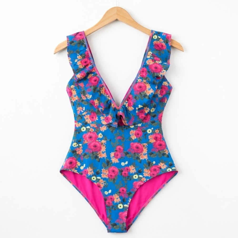 Floral One Piece Swimsuit Ruffle V Neck Blue Pink Womens Large Coquette Flirty